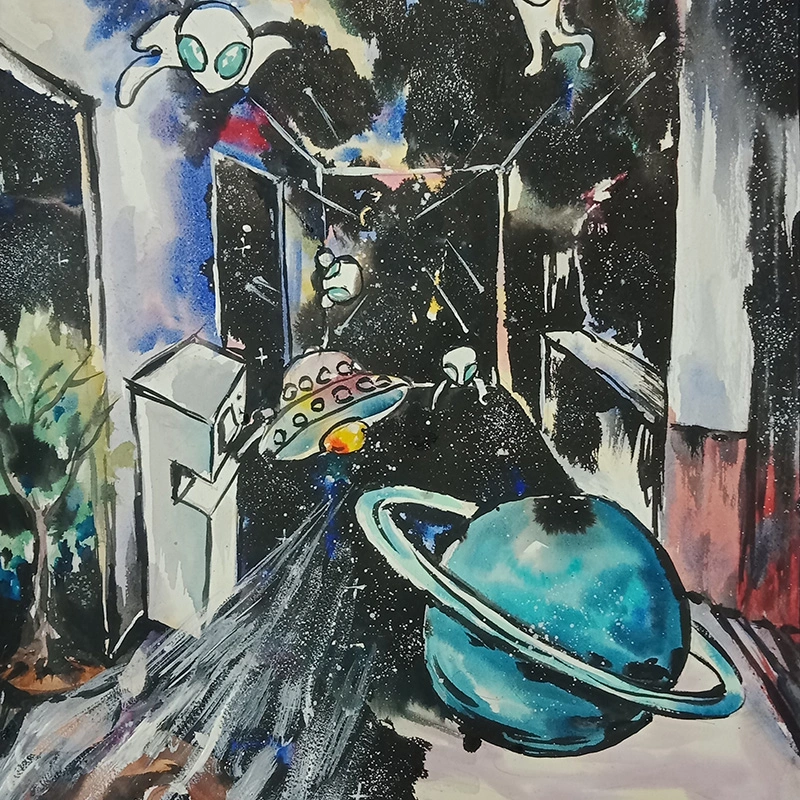 學校走廊盡頭是外太空，複合媒材