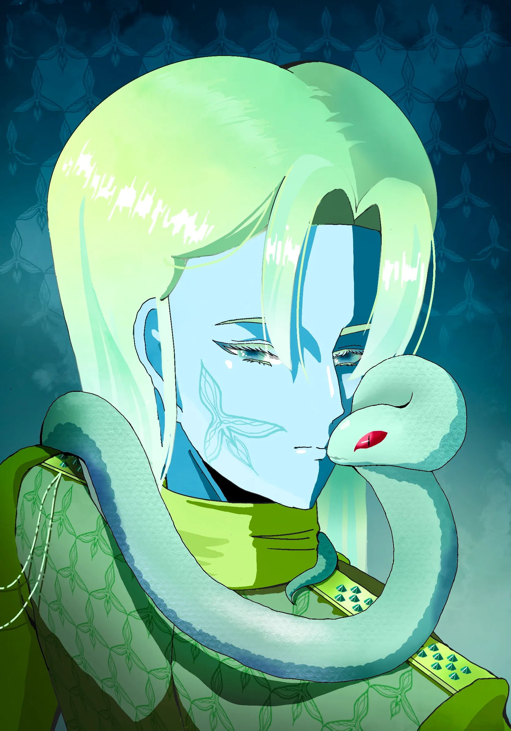 infj，淺綠色直長髮男性，脖子環繞淺綠色的蛇