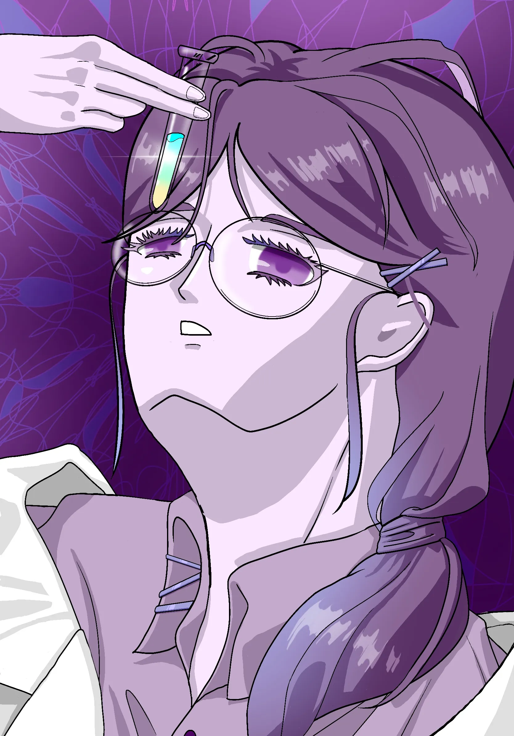 intp，紫色低馬尾女性，手拿試管