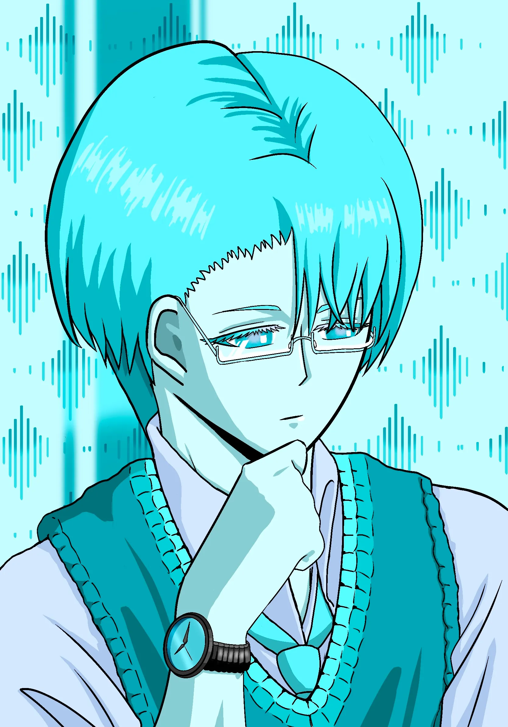 istj，水藍色短髮男性，手帶手錶
