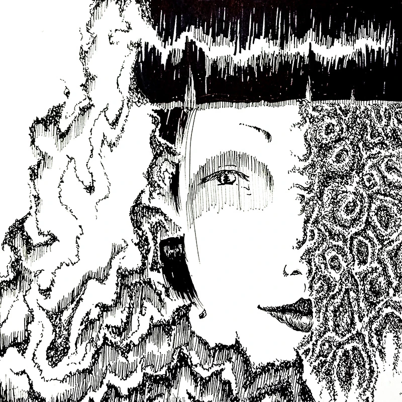 女人的臉被火焰燃燒，簽字筆