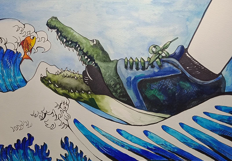 開口笑的布鞋變成鱷魚，要吃掉鹹魚