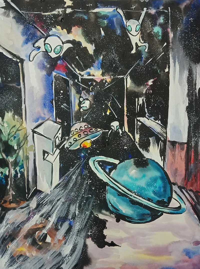 通往宇宙的學校走廊，複合媒材